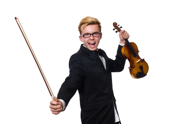 Mladý hudebník s houslemi izolovanými na bílém — Stock fotografie