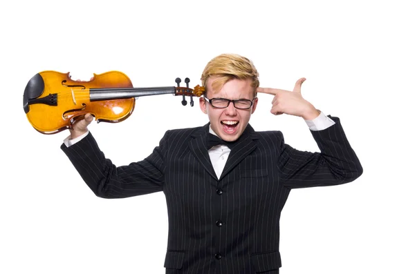 Joven músico con violín aislado sobre blanco —  Fotos de Stock