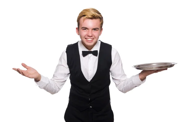 Číšník drží talíř izolovaný na bílém — Stock fotografie