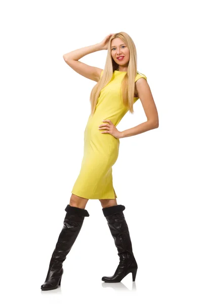 Pretty fair girl in yellow dress isolated on white — Stock Photo, Image