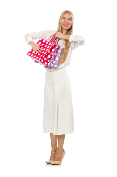 Donna con shopping bag su bianco — Foto Stock