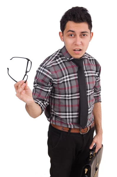 Young employee with backpack isolated on white — Stock Photo, Image