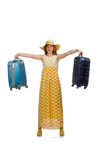 Woman ready for summer travel isolated on white — Stock Photo, Image