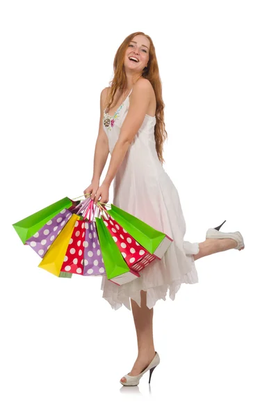 Donna con shopping bags isolata su bianco — Foto Stock