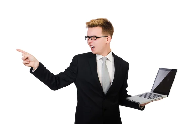 Jovem empresário com laptop isolado em branco — Fotografia de Stock