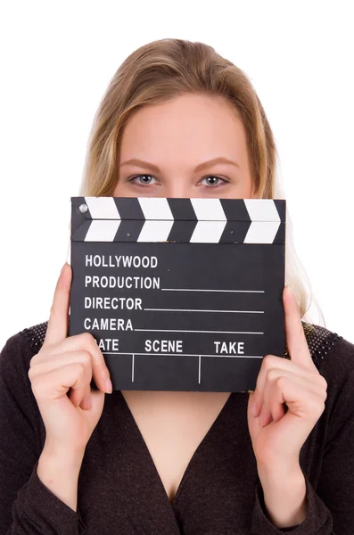 Vestido marrón niña sosteniendo clapperboard aislado en blanco —  Fotos de Stock