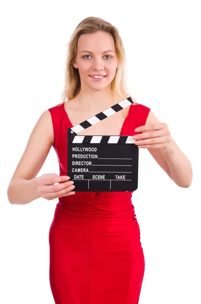 Rood jurk meisje houden clapboard geïsoleerd op wit — Stockfoto