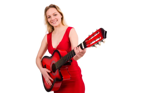 Blond włosa kobieta z gitarą na białym tle — Zdjęcie stockowe