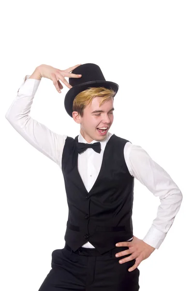 Junger Mann in schwarzer klassischer Weste und Hut isoliert auf weißem Grund Stockbild