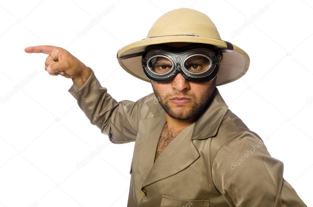 Man in safari hat with goggles on white