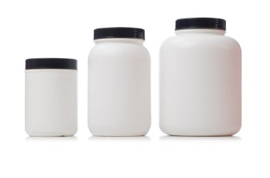 Gıda katkı maddesi protein üzerinde beyaz izole kavanoz