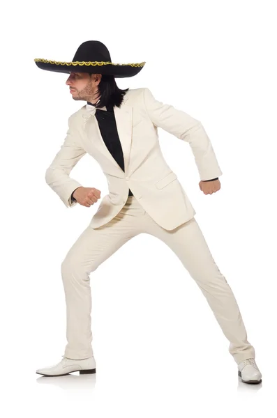 Mexicano engraçado em terno e sombrero isolado em branco — Fotografia de Stock