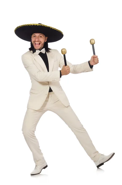 Funny mexican in suit holding maracas isolated on white — Stock Photo, Image