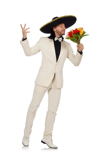 Mexicano engraçado em terno segurando flores isoladas em branco — Fotografia de Stock