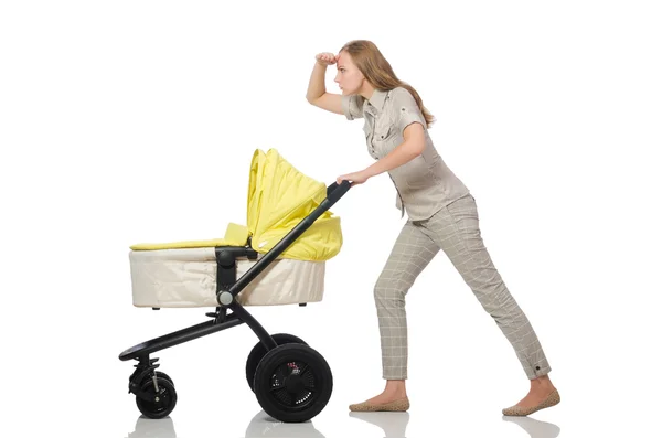 Vrouw met de kinderwagen geïsoleerd op wit — Stockfoto