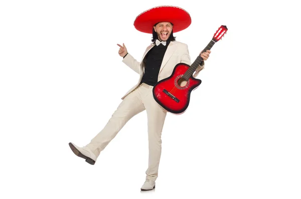 Funny mexicano en traje sosteniendo la guitarra aislado en blanco —  Fotos de Stock