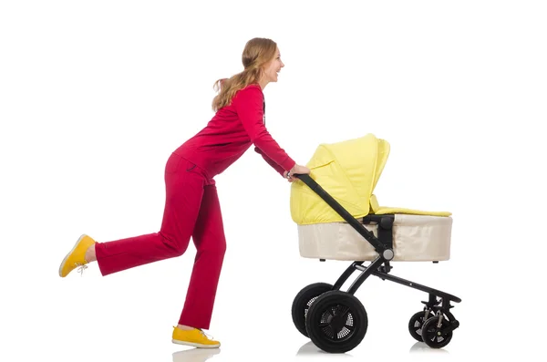 Vrouw met de kinderwagen geïsoleerd op wit — Stockfoto