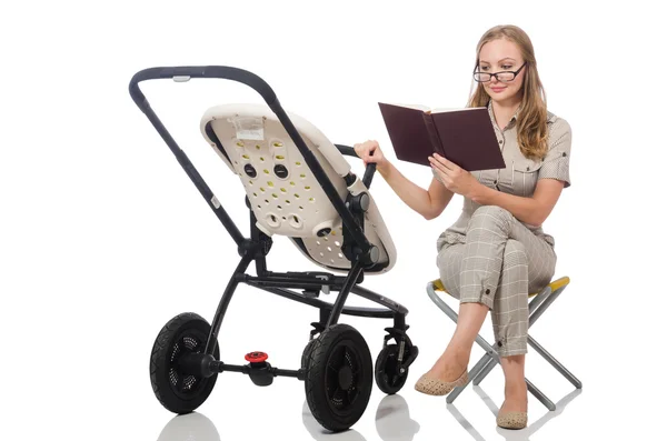 Vrouw met de kinderwagen geïsoleerd op wit — Stockfoto