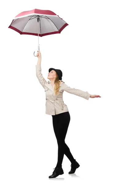 Женщина с зонтиком изолирована на белом — стоковое фото