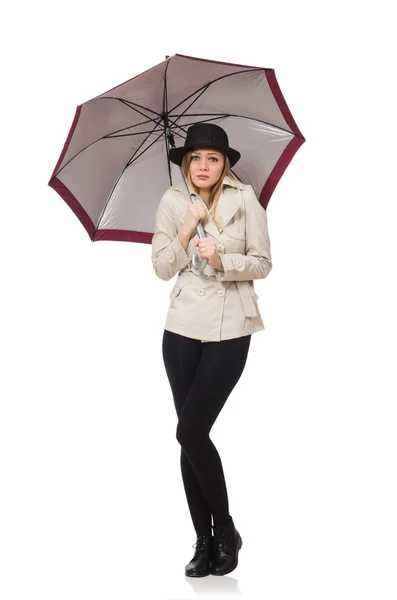 Woman with umbrella isolated on white — Stock Photo, Image