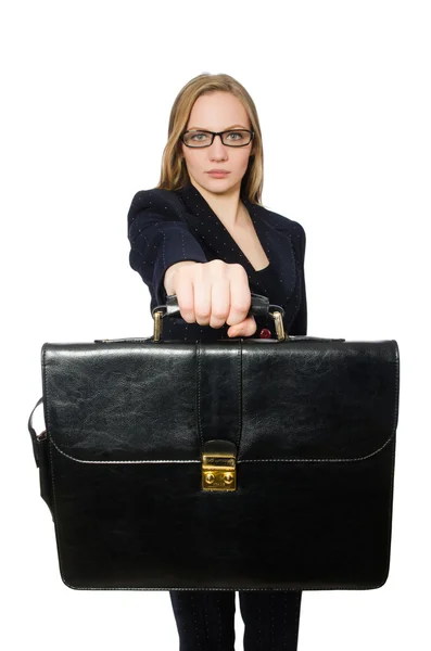 Woman businesswoman with briefcase isolated on white — Stock Photo, Image