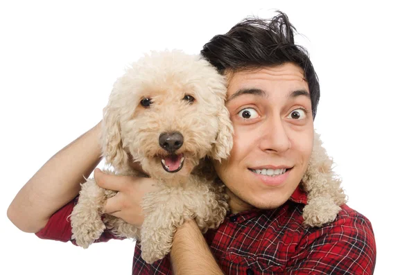 Jeune homme avec chien isolé sur blanc — Photo