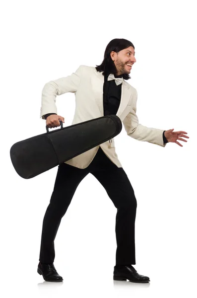 Man with violin case on whtie — Stock Photo, Image