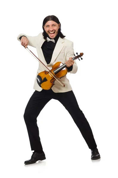 Hombre con violín tocando en blanco — Foto de Stock