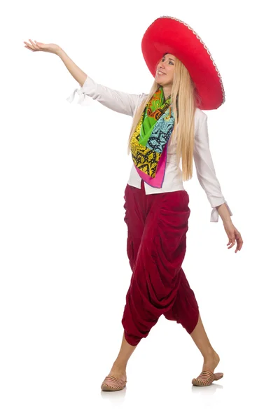 Mexican girl with sombrero dancing on white — Stock Photo, Image