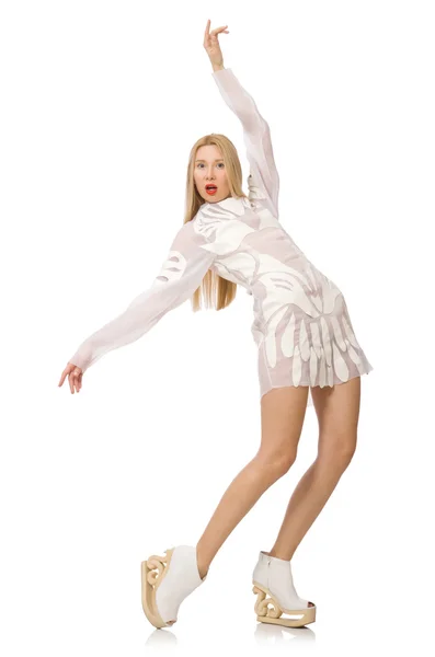 Kvinna som bär vit klänning isolerad på vit — Stockfoto