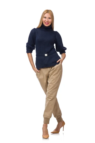 Tall woman in blue pullover isolated on white — Stock Photo, Image