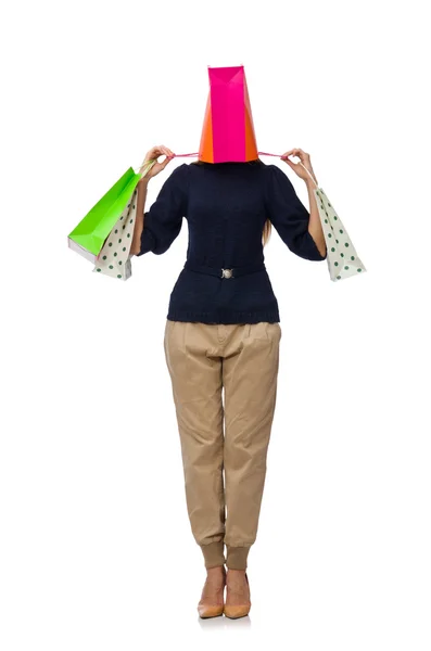 Mujer alta con bolsas de plástico aisladas en blanco —  Fotos de Stock