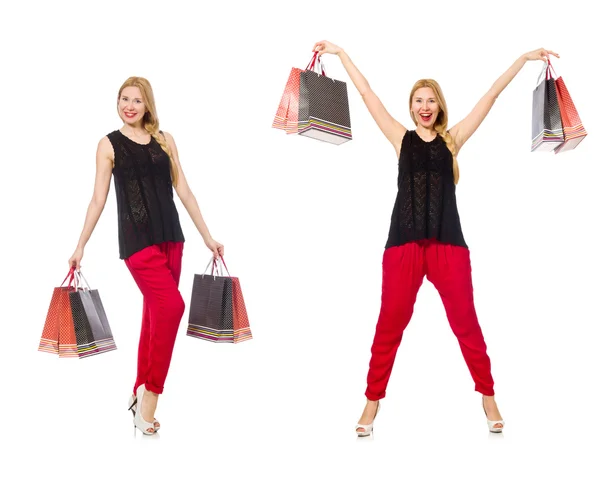 Conjunto de mujer con bolsas de compras en blanco — Foto de Stock