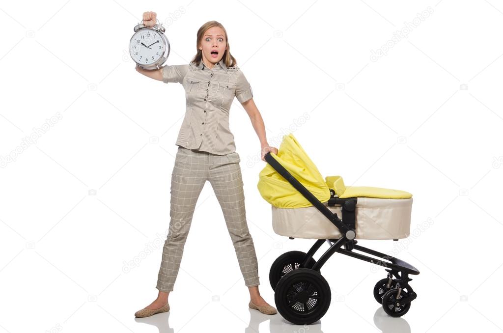 Woman with pram isolated on white