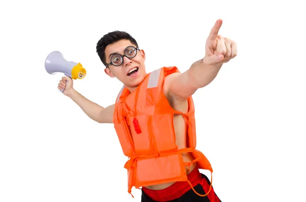 Hombre divertido con chaleco de seguridad naranja —  Fotos de Stock