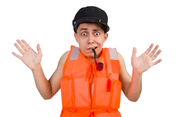 Hombre divertido con chaleco de seguridad naranja — Foto de Stock