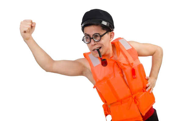 Hombre divertido con chaleco de seguridad naranja — Foto de Stock