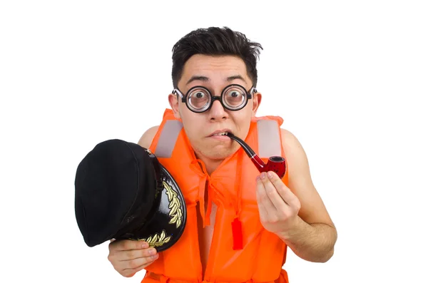Смешной человек в оранжевом спасательном жилете — стоковое фото