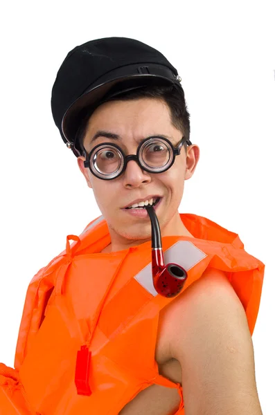 Uomo divertente che indossa giubbotto di sicurezza arancione — Foto Stock