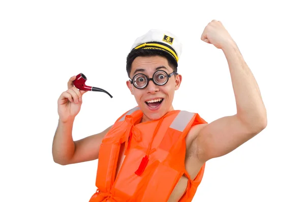 Vtipný muž v oranžové bezpečnostní vestě — Stock fotografie