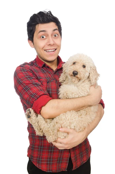 Jovem com cão isolado em branco — Fotografia de Stock