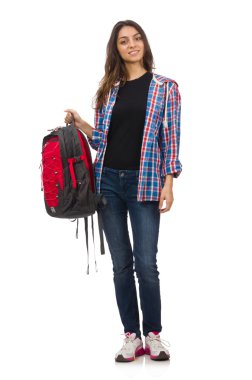 Sırt çantalı öğrenci kız beyazı izole etmiş.