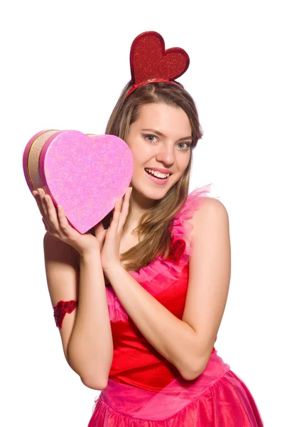 Mädchen in hübschem rosa Kleid mit Geschenkbox isoliert auf weiß — Stockfoto