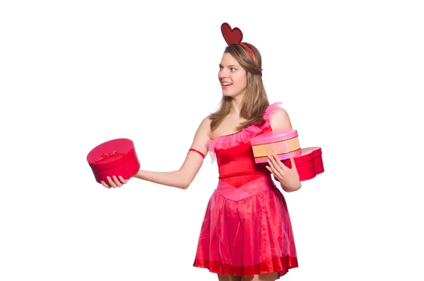 Κορίτσι σε όμορφο ροζ φόρεμα με κουτί δώρου που απομονώνονται σε λευκό — Φωτογραφία Αρχείου