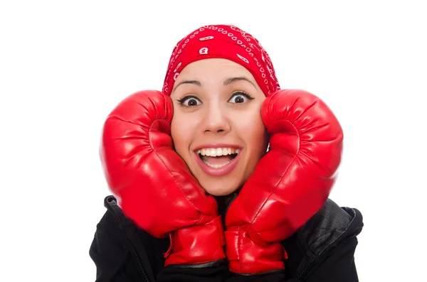 Mujer boxeadora aislada en el blanco — Foto de Stock