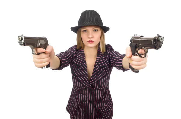 Женщина-гангстер с пистолетом изолирована на белом — стоковое фото