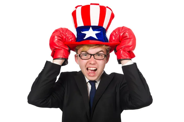 Man bär hatt med amerikanska symboler — Stockfoto