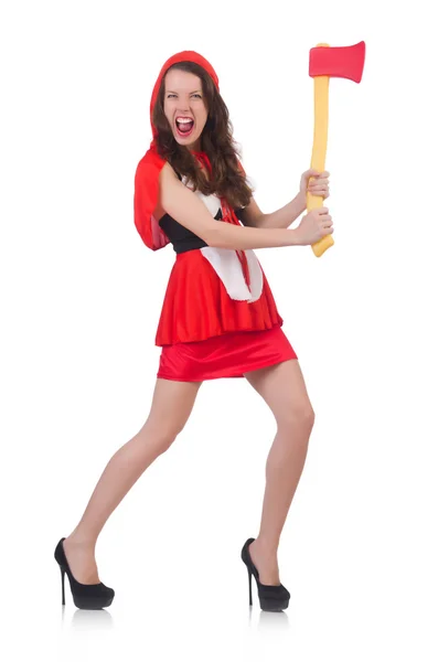 Funny woman with axe isolated on white — Stock Photo, Image