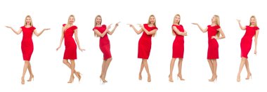 Kırmızı elbiseli kadın beyaz giyindi.