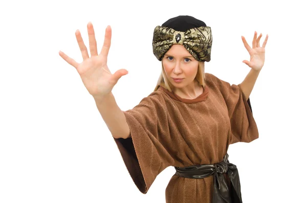 Woman wearing medieval arab clothing on white — Stock Photo, Image